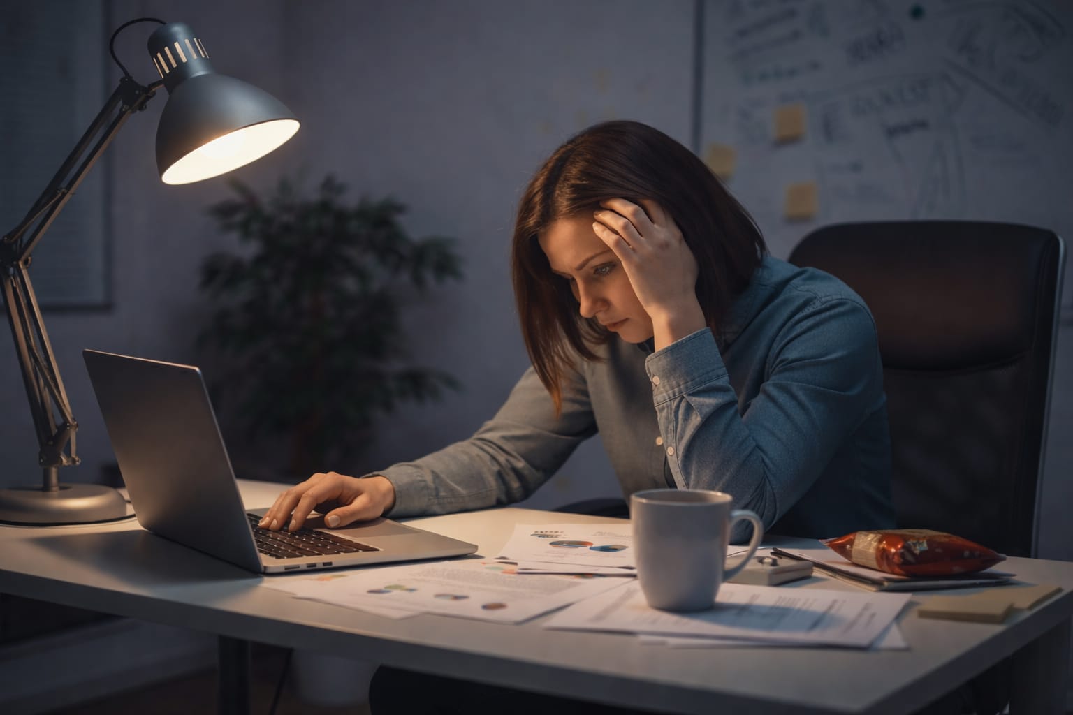 Woman feeling exhausted and overwhelmed at work, showing burnout symptoms