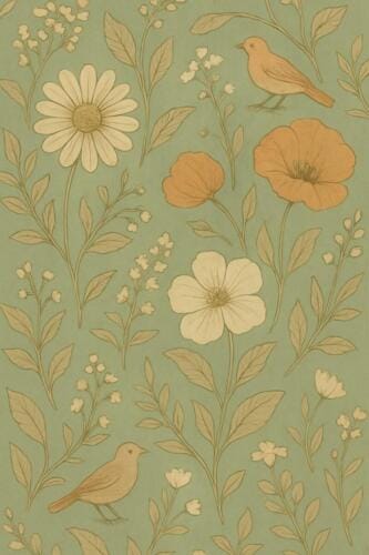 Green vintage botanical wallpaper with wildflowers and retro texture for desktop or phone background.